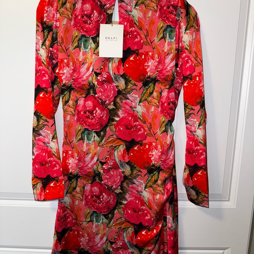 Red and Pink Sheath Dress with Bishop Sleeves